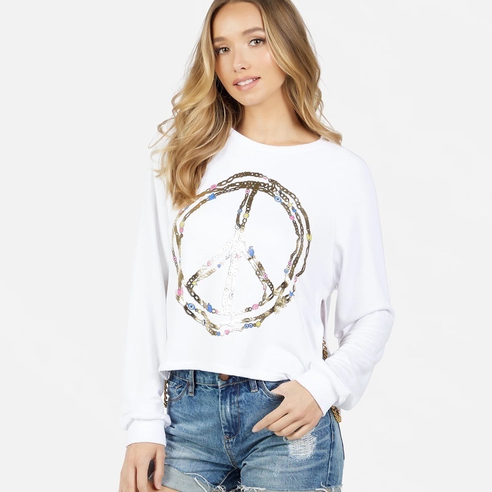 Lauren Moshi BETHANY FOIL CHAIN PEACE Crop Sweatshirt